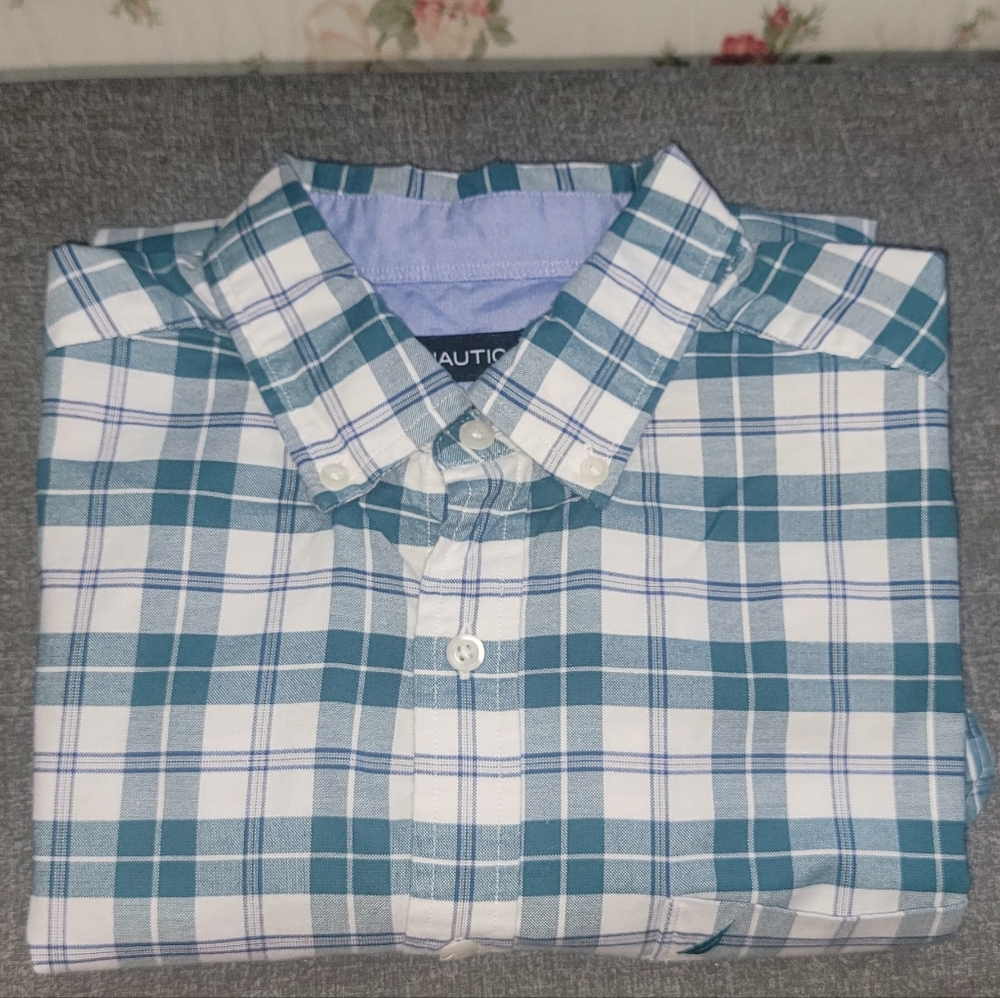 Nautica Men's Teal and White Plaid Shirt
